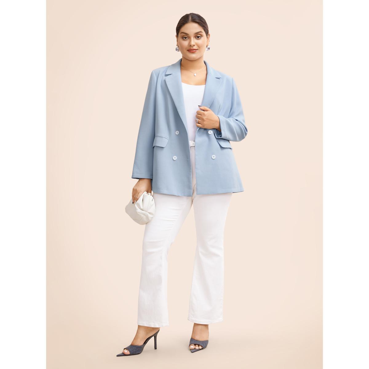 Plus Size Suit Collar Flap Pocket Back Slit Blazer LightBlue Women Everyday Button Sleeve Elbow-length sleeve Suit Collar 22-24/3X Open pocket with flap Elegant Blazers BloomChic Product Image