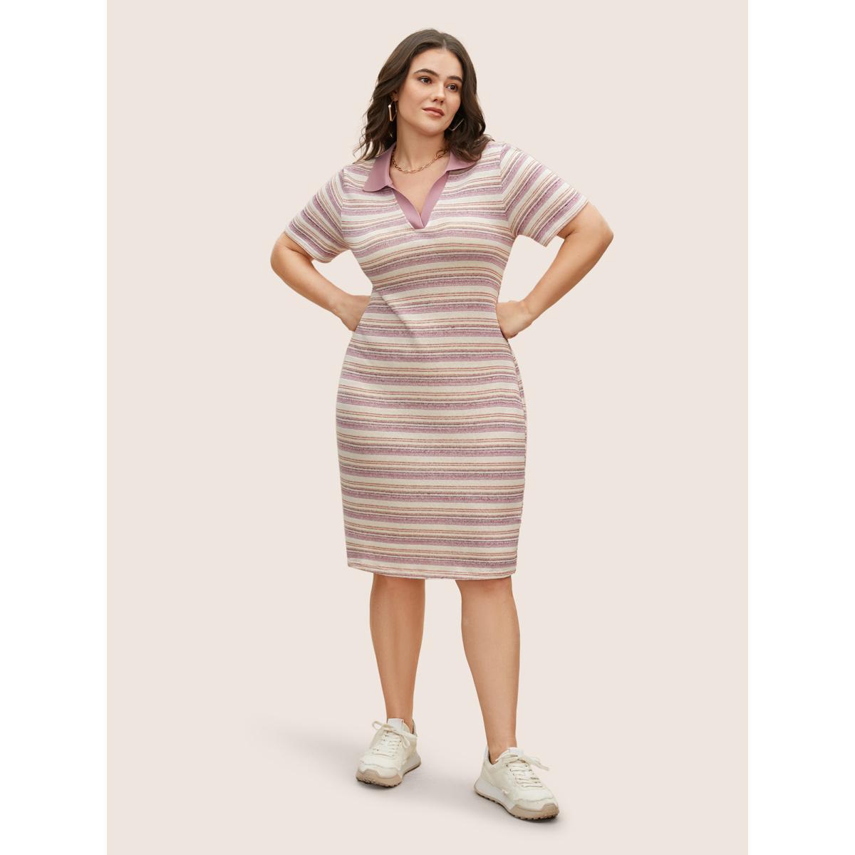 Plus Size Polo Neck Striped Knit Midi Dress Dirtypink Women Casual Contrast Polo Short sleeve Curvy BloomChic 14-16/1X Product Image