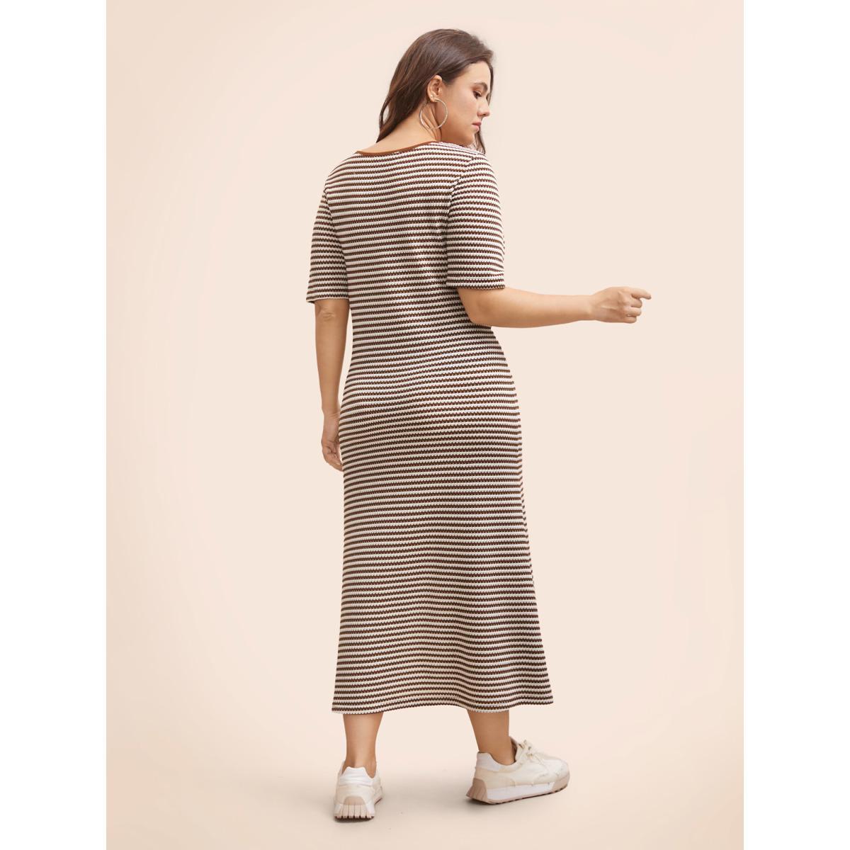 Plus Size Striped Textured Square Neck Midi Dress Browncoffeecolor Women Casual Texture Square Neck Short sleeve Curvy BloomChic 30/6X Product Image