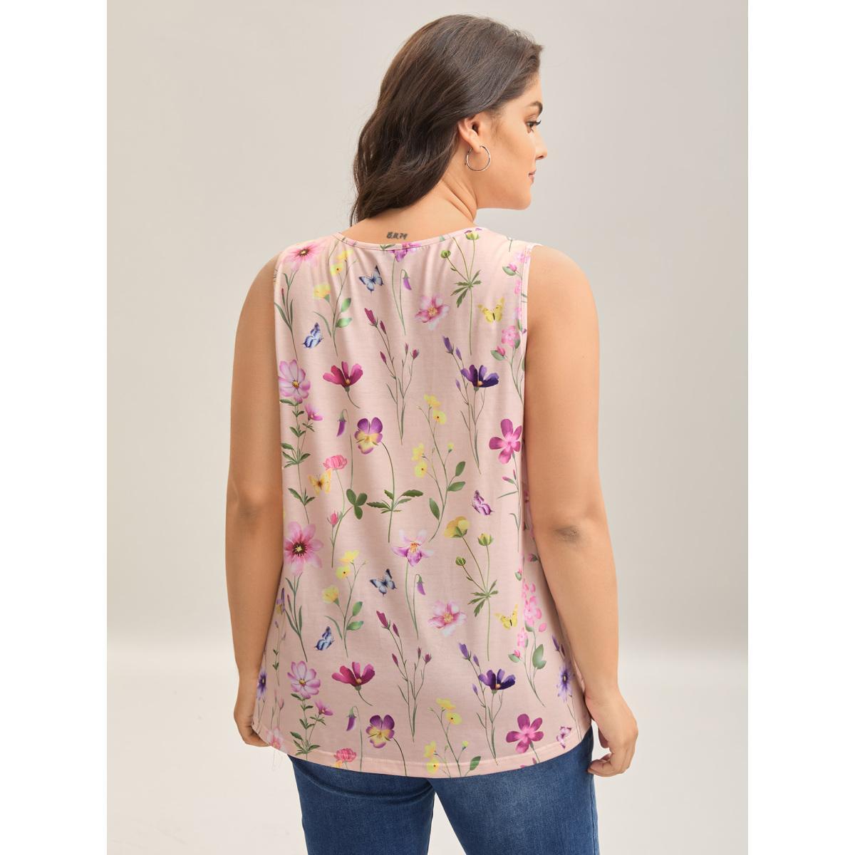 Plus Size Floral Print Flowy Pleated Tank Top Women Multicolor Gathered Round Neck Everyday-Casual Tank Tops Camis BloomChic 28/5X Product Image