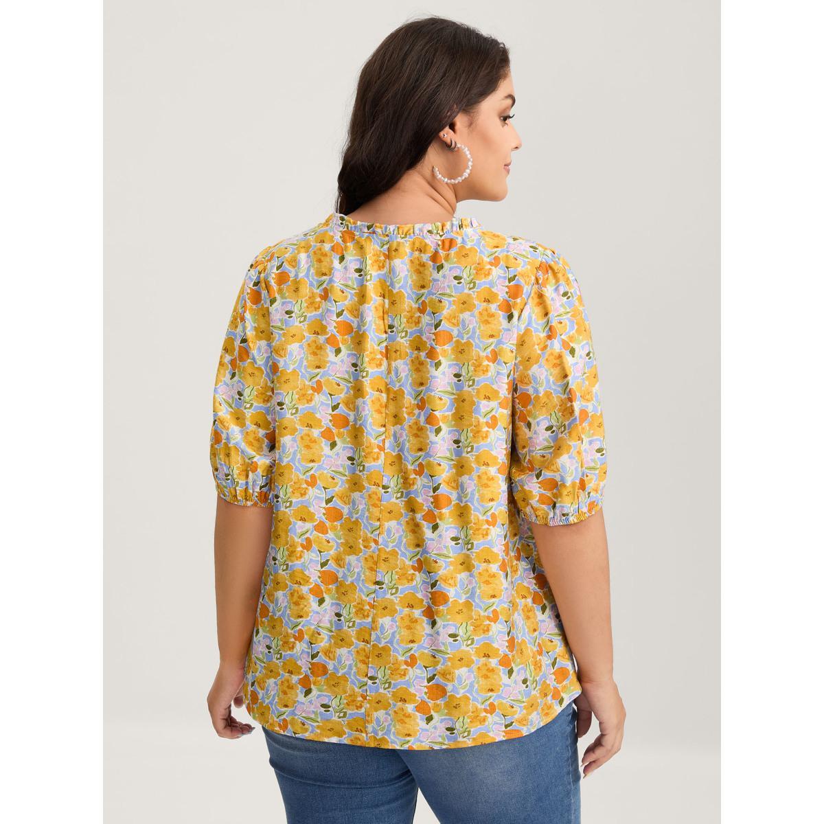 Plus Size LightBlue Rayon Ruffled Notched Collar Blouse Women Half Sleeve Notched collar Everyday-Elegant Blouses BloomChic 30/6X Product Image