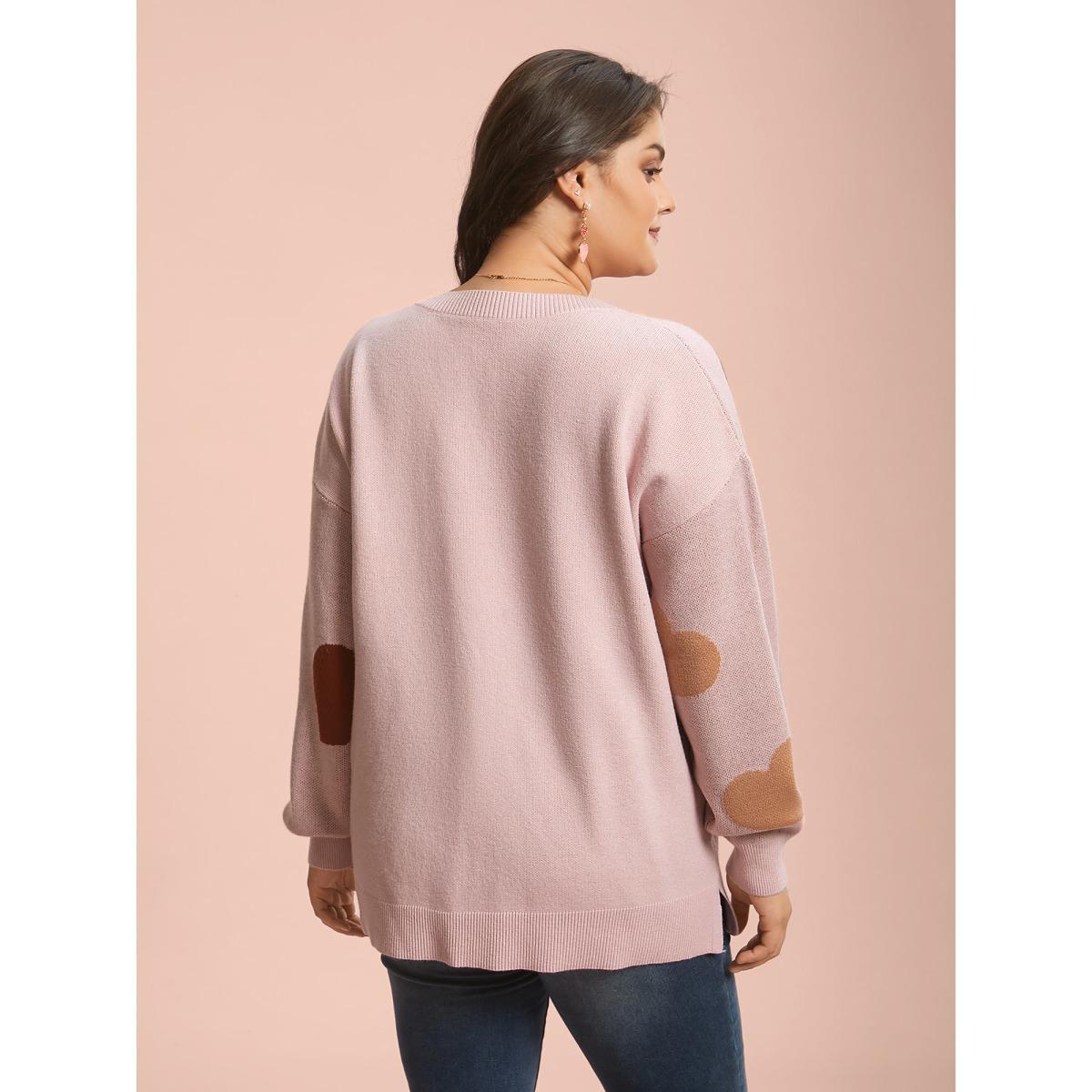 Plus Size V-Neck Heart Jacquard Contrast Pullover Nudepink Women Casual Loose Long Sleeve V-neck Everyday Pullovers BloomChic 14-16/1X Product Image