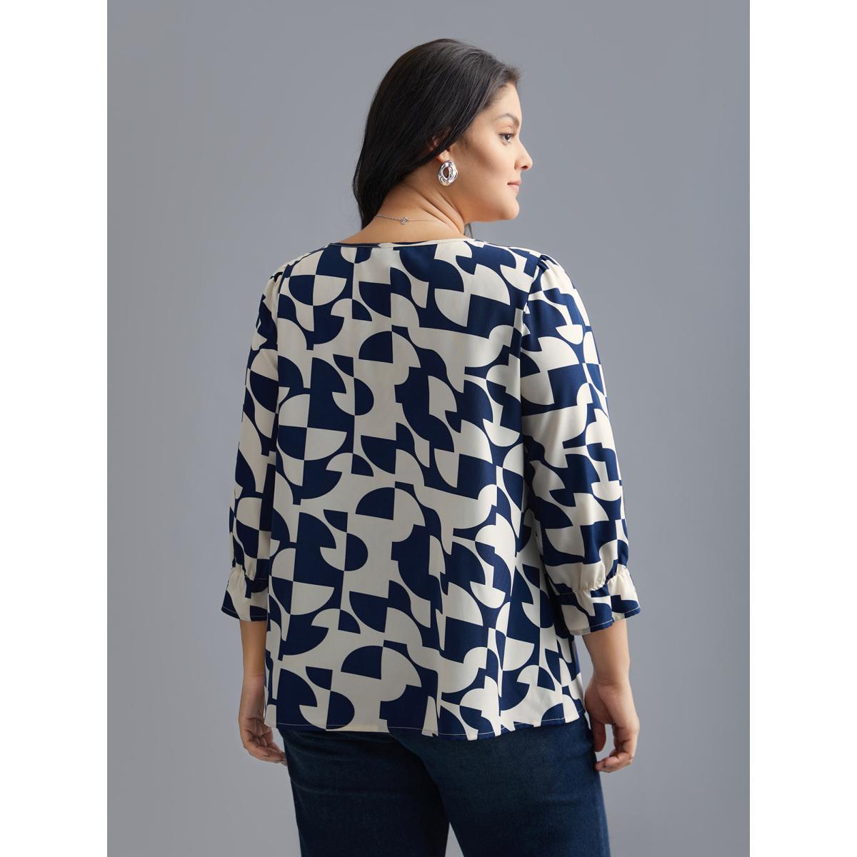 Plus Size Indigo Round Neck Geometric Print Blouse Women At the Office Elbow-length sleeve Round Neck Work Blouses BloomChic 12/L Product Image
