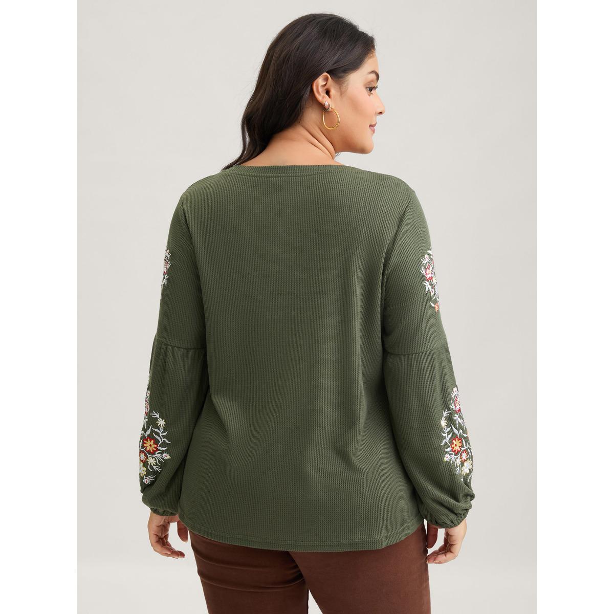 Plus Size Waffle Knit Floral Embroidered Lantern Sleeve T-shirt ArmyGreen Women Elegant Texture Floral Round Neck Everyday T-shirts BloomChic 14-16/1X Product Image