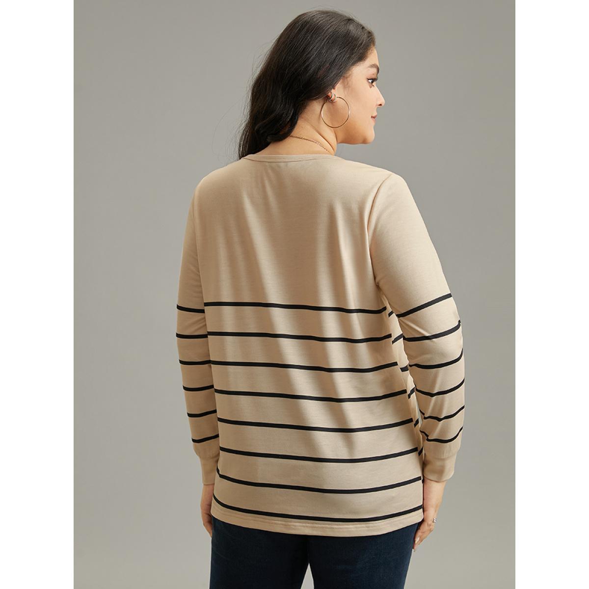 Plus Size Striped Print V Neck T-Shirt Tan Women Casual Printed Striped V-neck Dailywear T-shirts BloomChic 18-20/2X Product Image