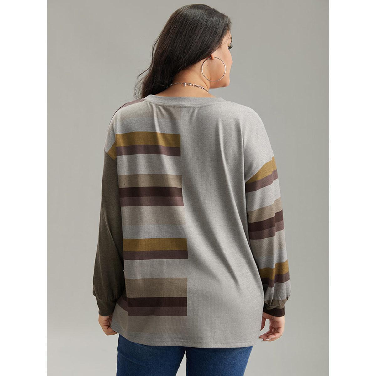 Plus Size Striped Patchwork Contrast Crew Neck Sweatshirt Women DimGray Casual Elastic cuffs Round Neck Dailywear Sweatshirts BloomChic 22-24/3X Product Image