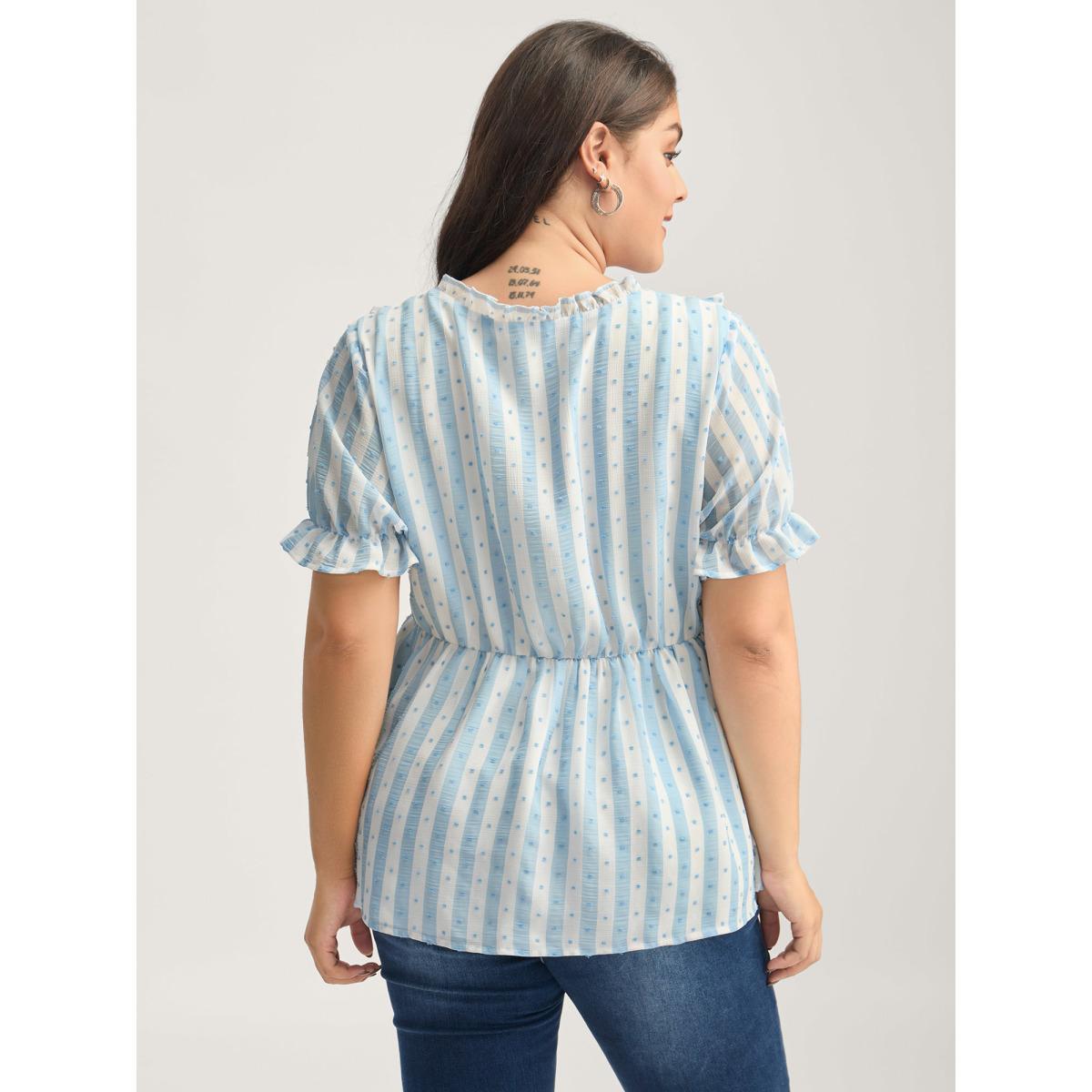 Plus Size Stone Textured Striped Print Ruffled Babydoll Top Women Short sleeve Deep V-neck Everyday-Elegant Blouses BloomChic 28/5X Product Image