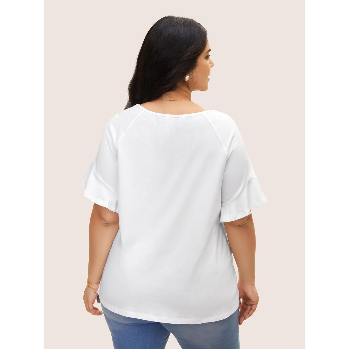 Plus Size Cotton Round Neck Plain Patchwork Ruffles T-shirt Originalwhite Women Elegant Patchwork Round Neck Everyday T-shirts BloomChic 28/5X Product Image