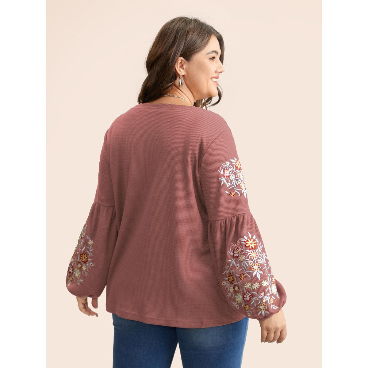 Plus Size Waffle Knit Floral Embroidered Lantern Sleeve T-shirt DustyPink Women Elegant Texture Floral Round Neck Everyday T-shirts BloomChic 28/5X Product Image