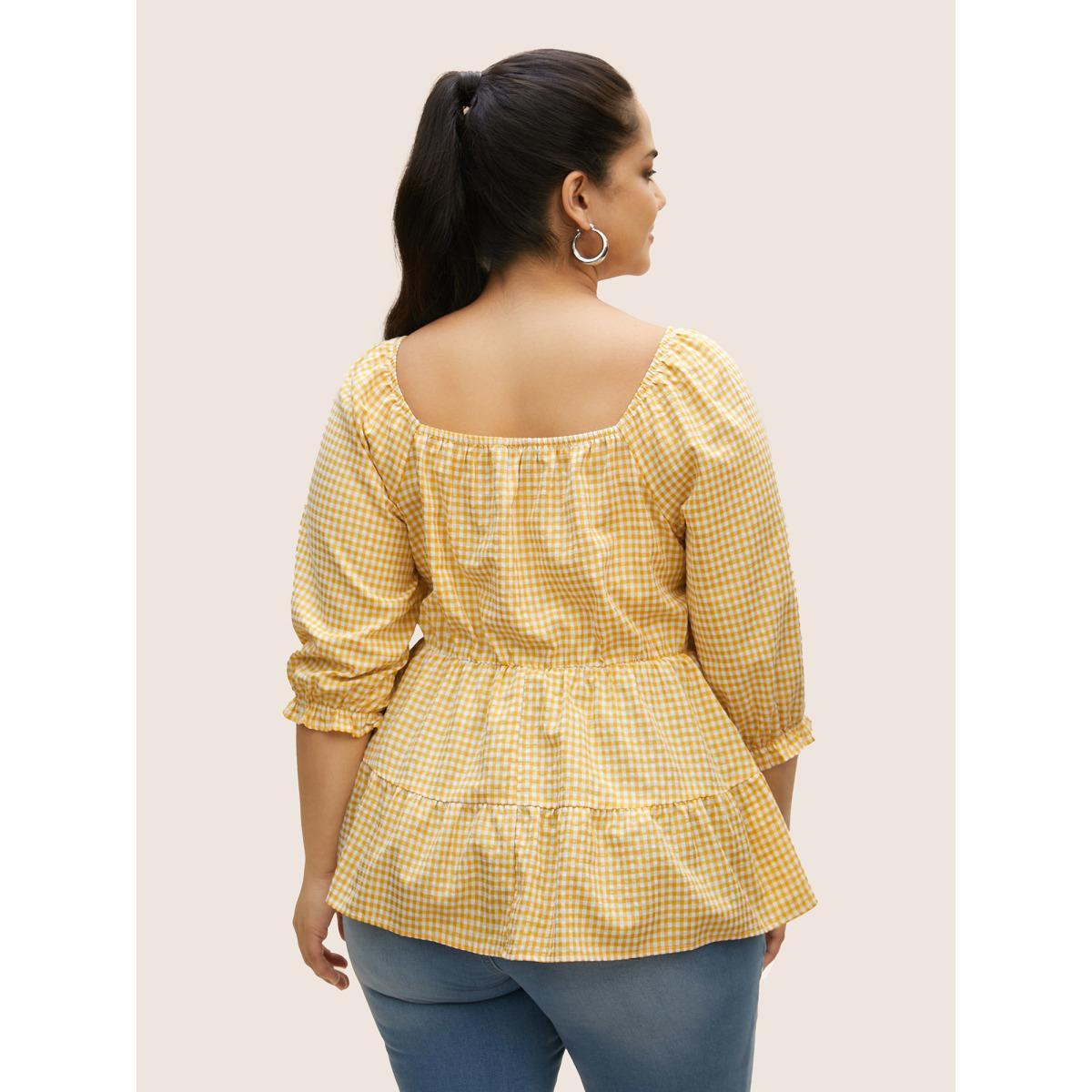Plus Size Turmeric Heart Neckline Gingham Shirred Lantern Sleeve Blouse Women Casual Elbow-length sleeve Heart neckline Everyday Blouses BloomChic 10/M Product Image