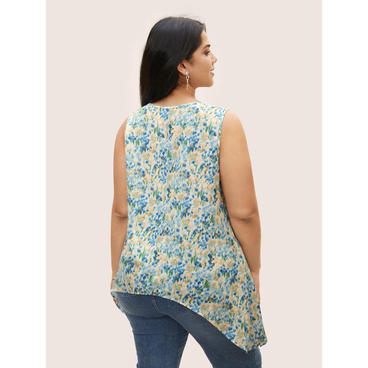 Plus Size Watercolor Floral Keyhole Hanky Hem Tank Top Women Multicolor Elegant Contrast Non Everyday Tank Tops Camis BloomChic 18-20/2X Product Image