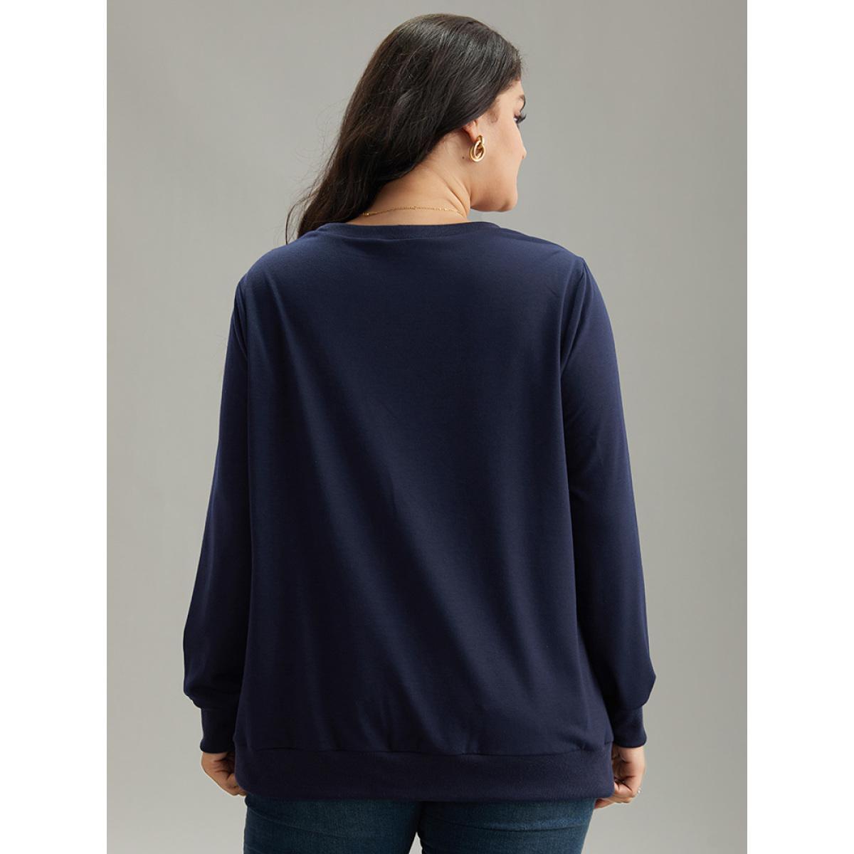 Plus Size Solid Keyhole Elastic Cuffs Sweatshirt Women Indigo Elegant Elastic cuffs Keyhole Cut-Out Dailywear Sweatshirts BloomChic 14-16/1X Product Image