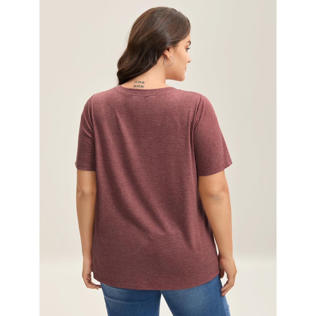 Plus Size Plicated Detail Shoulder Plain T-Shirt Scarlet Women Tucked seam V-neck Everyday-Casual T-shirts BloomChic 12/L Product Image