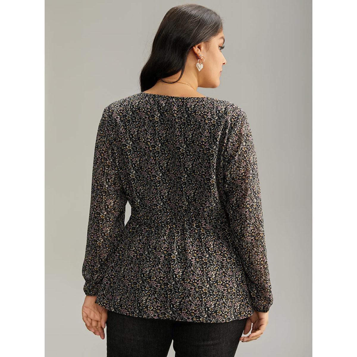 Plus Size Black Ditsy Floral Shirred Lantern Sleeve Blouse Women Elegant Long Sleeve V-neck Everyday Blouses BloomChic 10/M Product Image