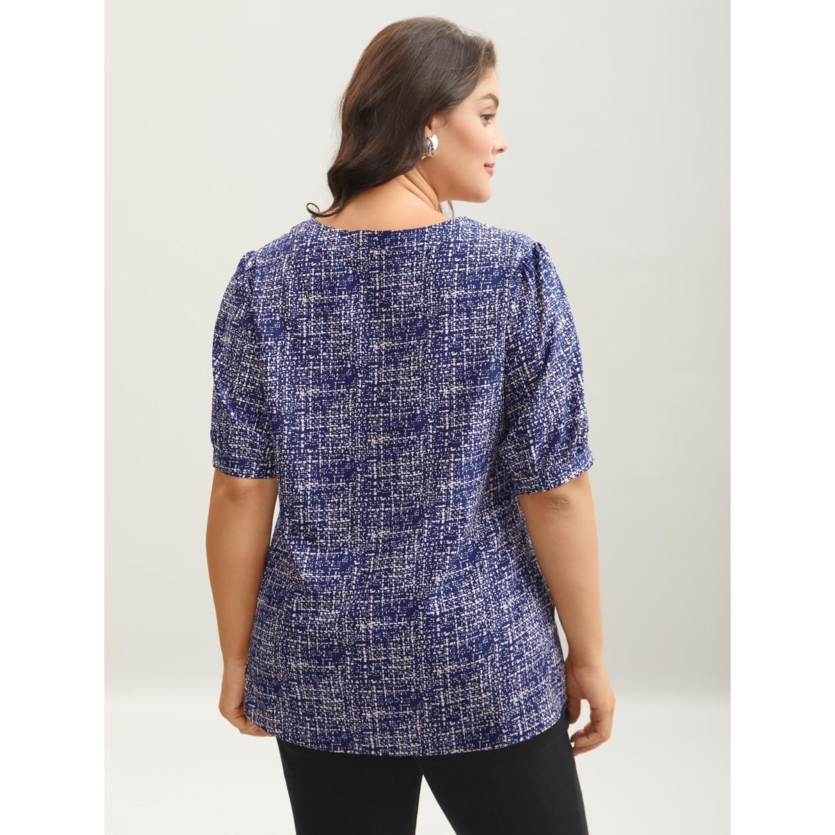 Plus Size DarkBlue Geometric Print Puff Sleeve Blouse Women Elegant Short sleeve Flat collar with V-notch Everyday Blouses BloomChic 28/5X Product Image