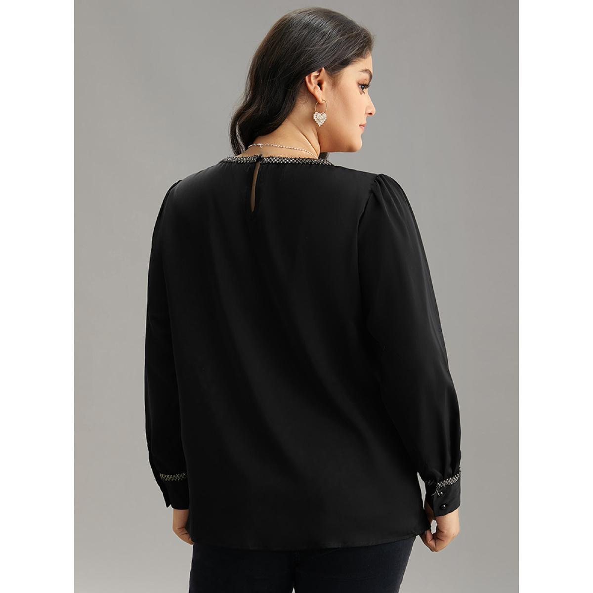 Plus Size Black Plain Contrast Webbing Crew Neck Blouse Women Office Long Sleeve Round Neck Work Blouses BloomChic 18-20/2X Product Image
