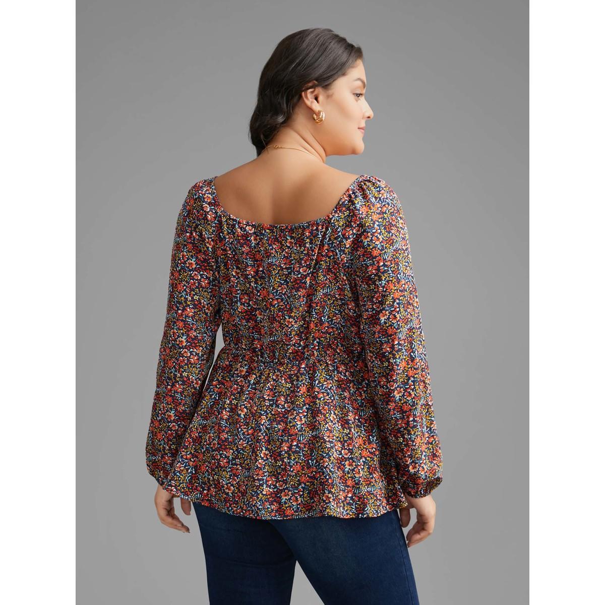 Plus Size Indigo Ditsy Floral Woven Ribbon Gathered Blouse Women Elegant Long Sleeve Heart neckline Everyday Blouses BloomChic 12/L Product Image