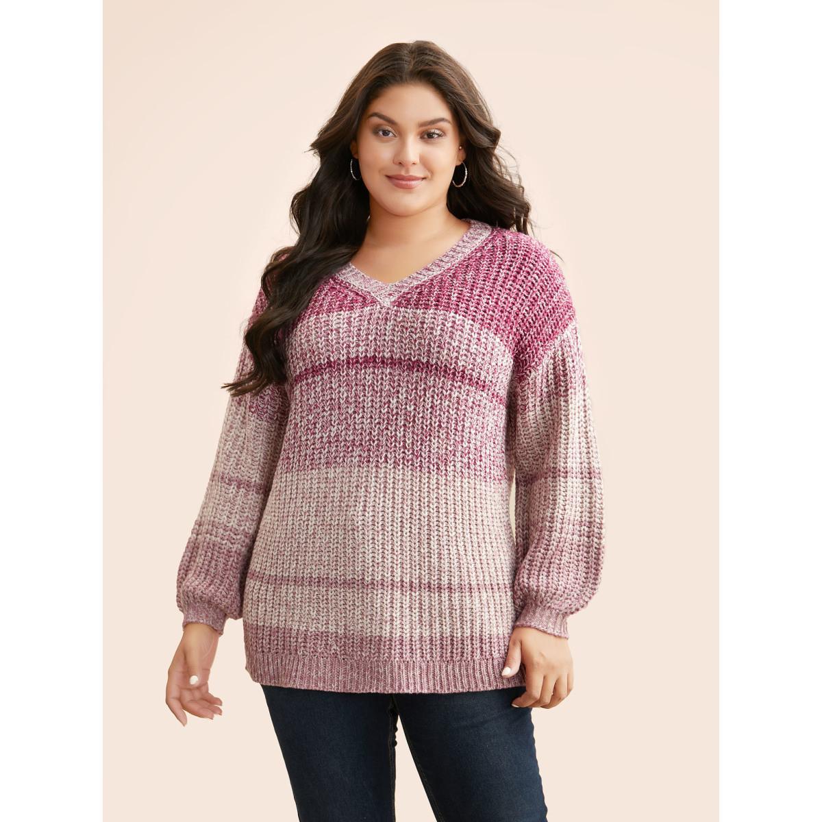 Plus Size Colorblock Contrast Puff Sleeve Pullover Peach Women Casual Loose Long Sleeve V-neck Everyday Pullovers BloomChic 12/L Product Image