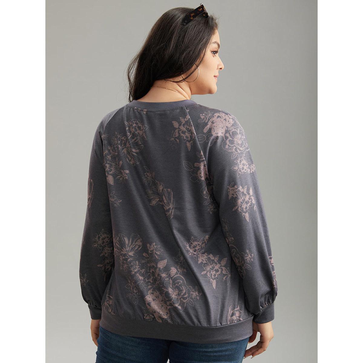 Plus Size Floral Print Round Neck Raglan Sleeve Sweatshirt Women Gray Elegant Heather Round Neck Dailywear Sweatshirts BloomChic 28/5X Product Image