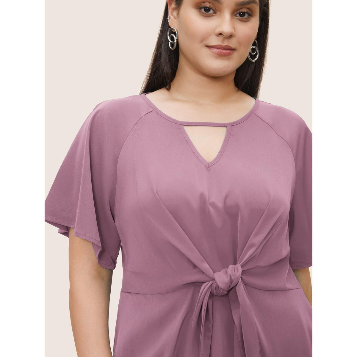 Plus Size Pink Plain Keyhole Knotted Front Ruffle Sleeve Blouse Women Work From Home Short sleeve Round Neck Work Blouses BloomChic 12/L Product Image