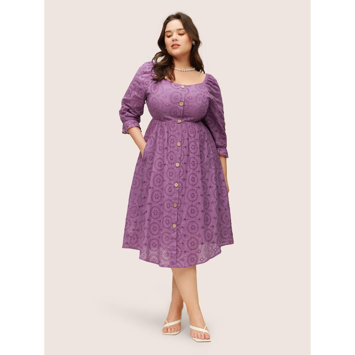 Plus Size Broderie Anglaise Gathered Square Neck Button Detail Dress Mauve Women Elegant Non Square Neck Elbow-length sleeve Curvy Midi Dress BloomChic 30/6X Product Image