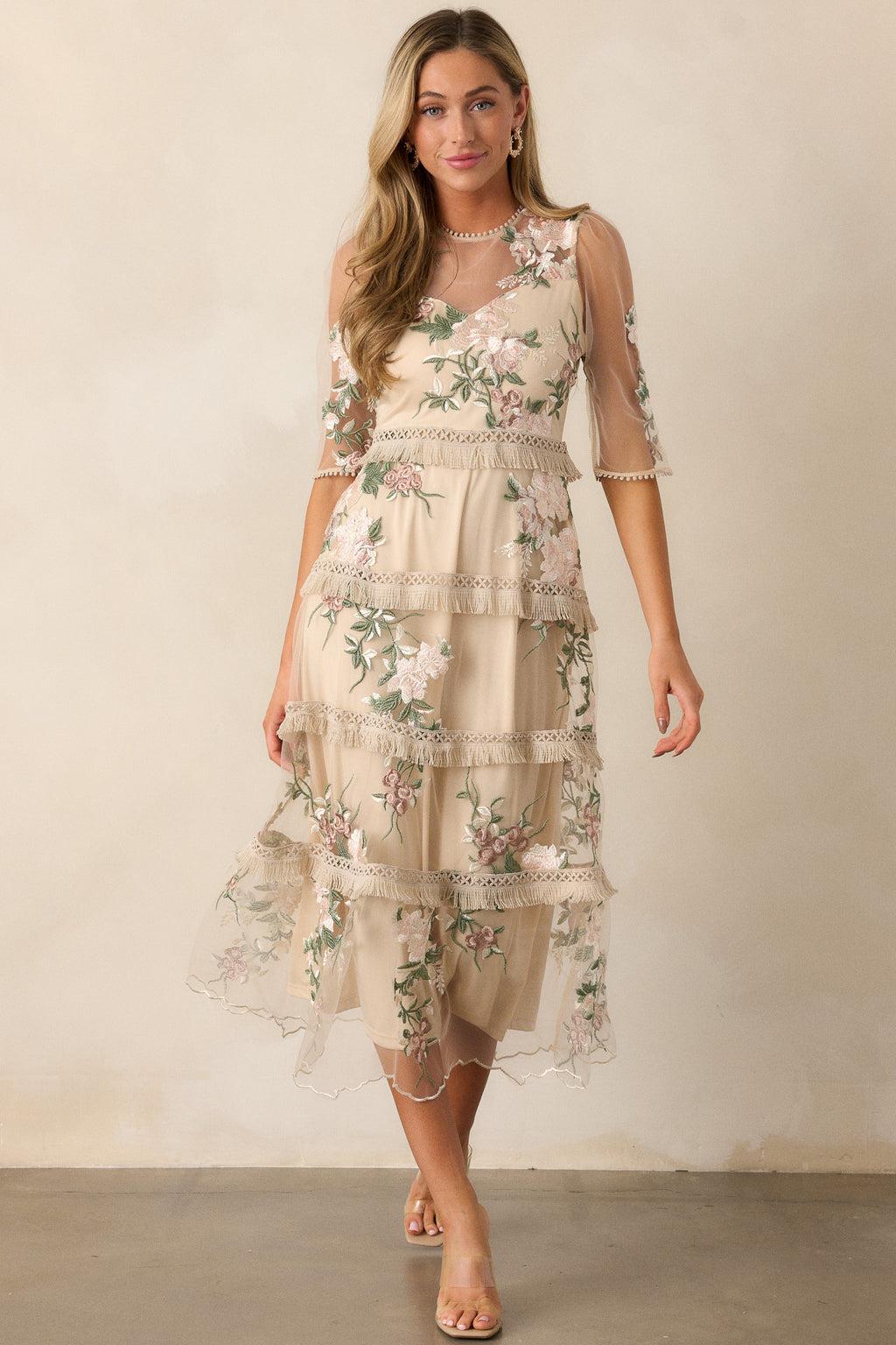 Honestly Love You Beige Floral Midi Dress Product Image