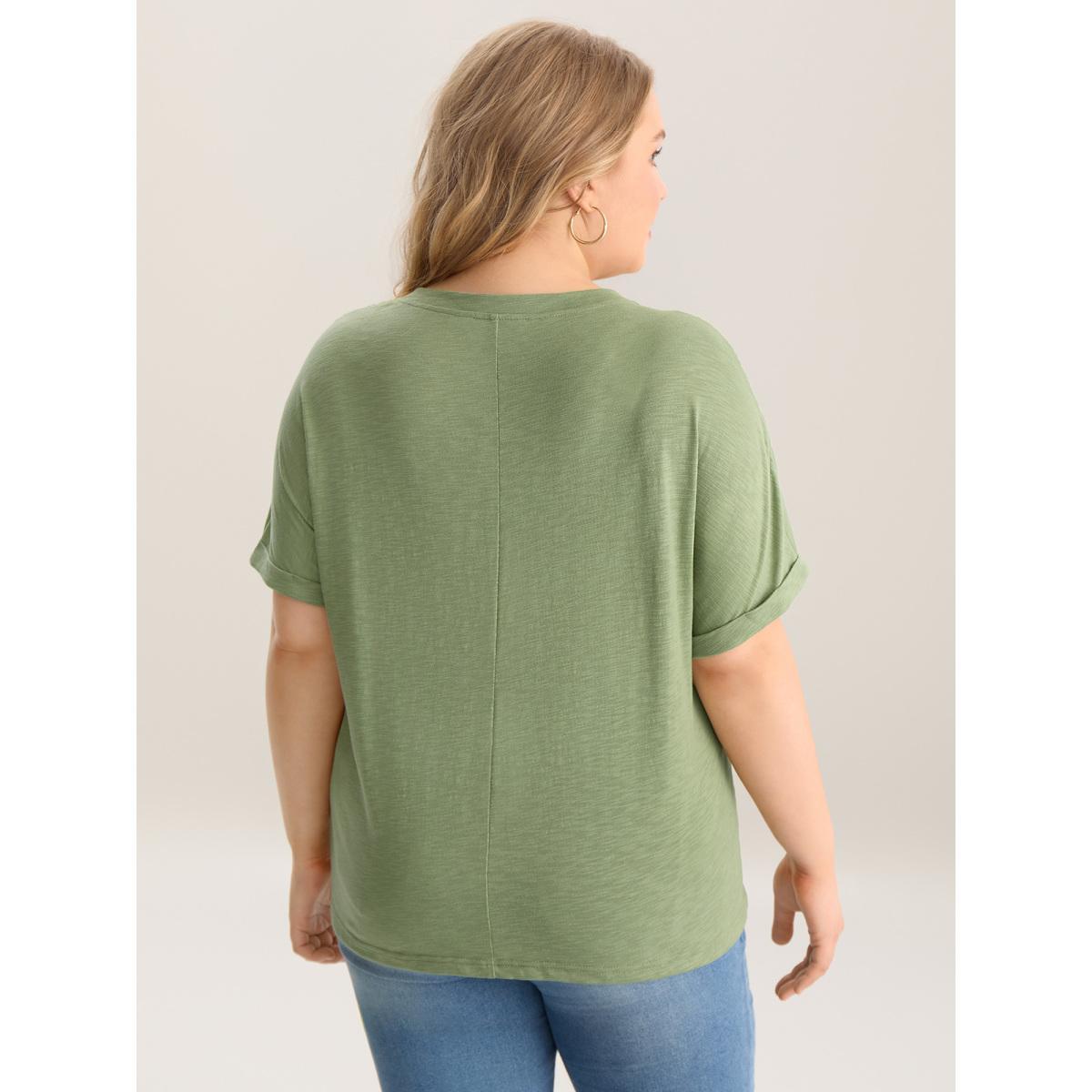 Plus Size Bamboo Fabric Lace Trim Flowy T-Shirt Greenbean Women Woven ribbon&lace trim V-neck Everyday-Casual T-shirts BloomChic 12/L Product Image