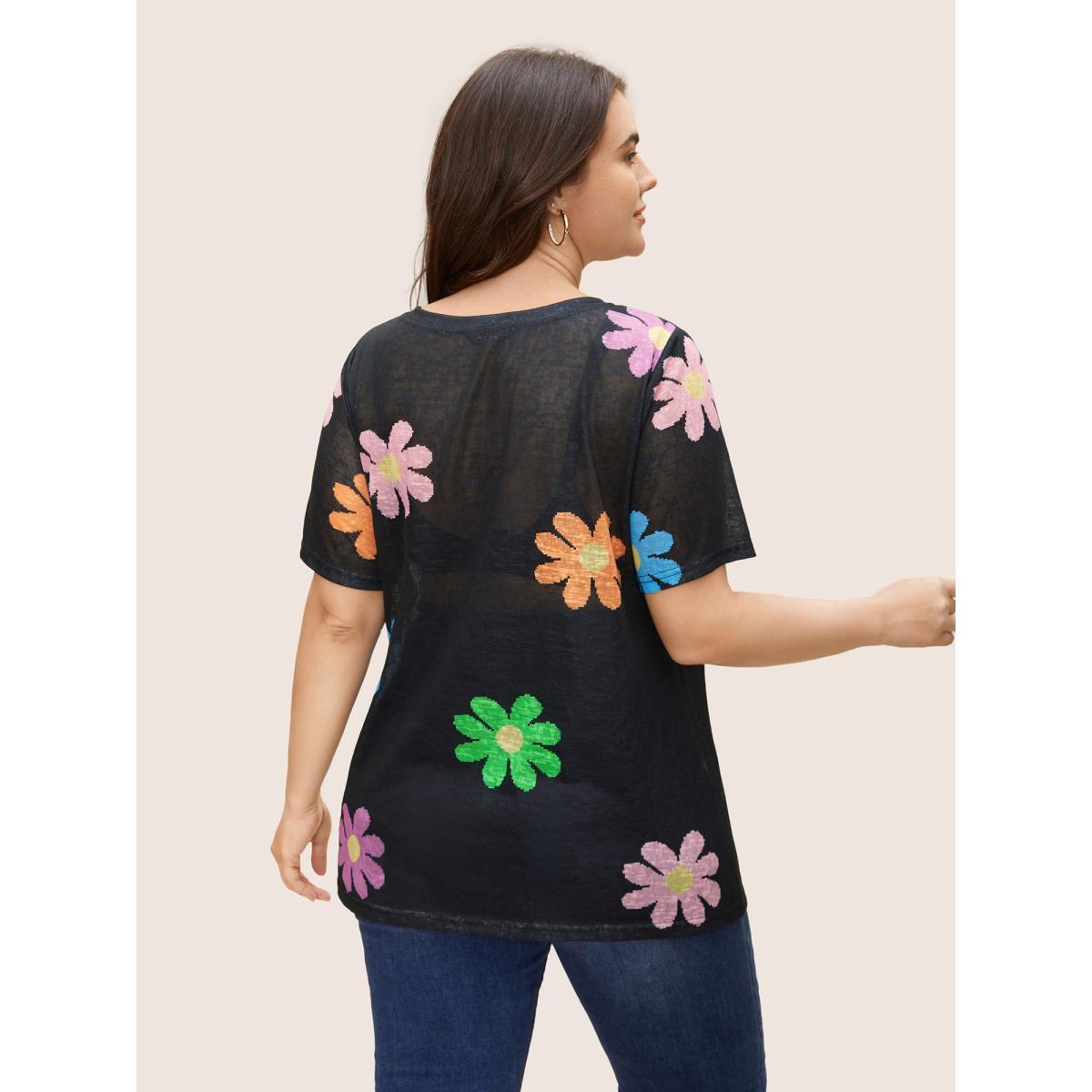 Plus Size Colored Floral V Neck See Through T-shirt Black Women Casual See through Art&design V-neck Everyday T-shirts BloomChic 10/M Product Image
