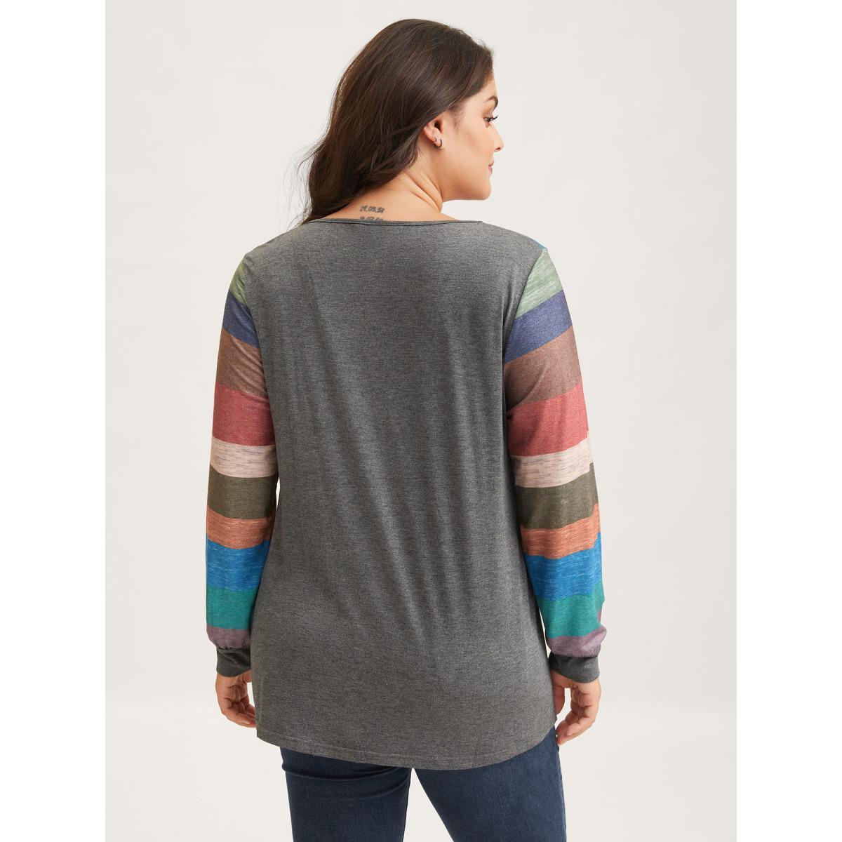 Plus Size Colorblock Contrast V Neck Button Up T-shirt Multicolor Women Casual Elastic cuffs Striped V-neck Everyday T-shirts BloomChic 14-16/1X Product Image