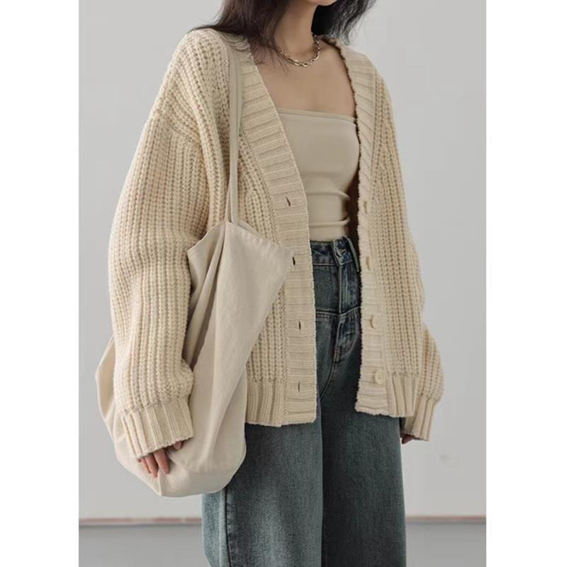 V-Neck Plain Button-Up Cardigan Product Image