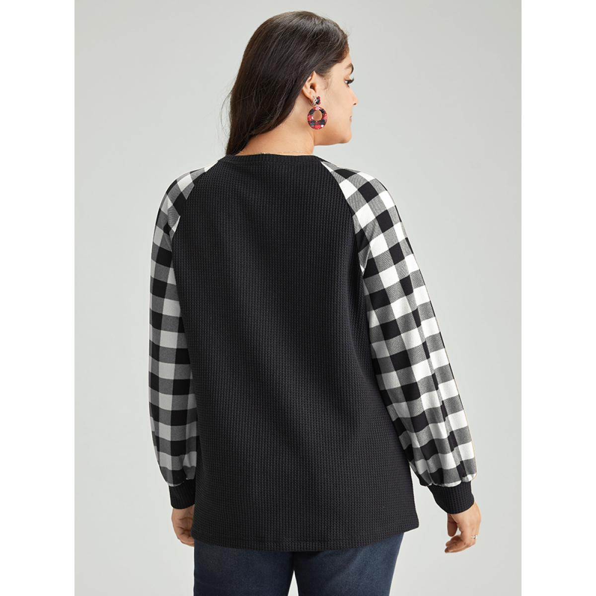 Plus Size Waffle Knit Plaid Patchwork Raglan Sleeve T-shirt BlackFlower Women Casual Waffle Knit Plaid V-neck Festival-Christmas T-shirts BloomChic 14-16/1X Product Image