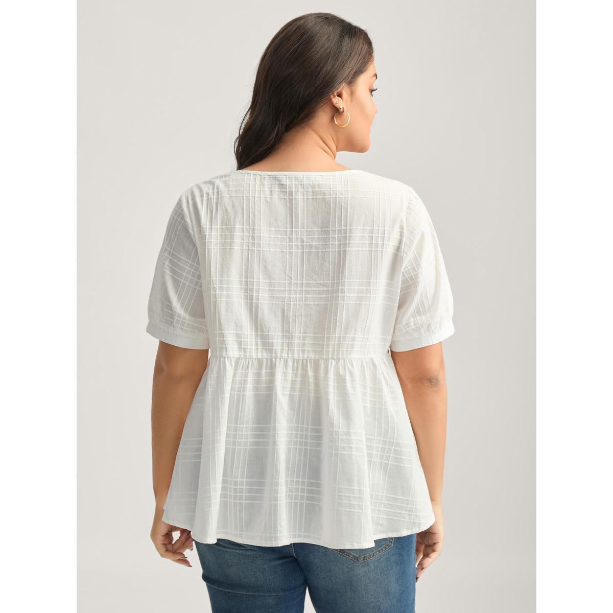 Plus Size WhiteSmoke Cotton Colorful Embroidery Crisscross Solid Blouse Women Short sleeve Round Neck Everyday-Casual Blouses BloomChic 28/5X Product Image