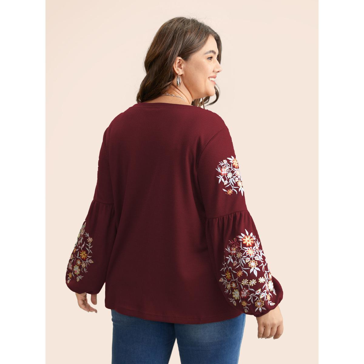 Plus Size Waffle Knit Floral Embroidered Lantern Sleeve T-shirt Burgundy Women Elegant Texture Floral Round Neck Everyday T-shirts BloomChic 12/L Product Image