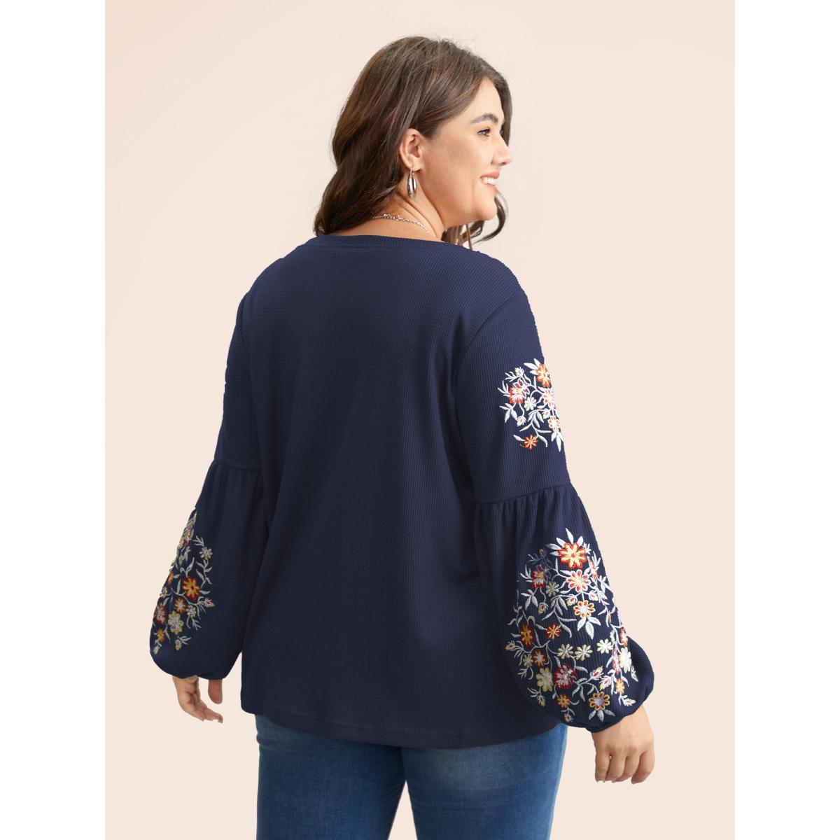 Plus Size Waffle Knit Floral Embroidered Lantern Sleeve T-shirt Indigo Women Elegant Texture Floral Round Neck Everyday T-shirts BloomChic 10/M Product Image