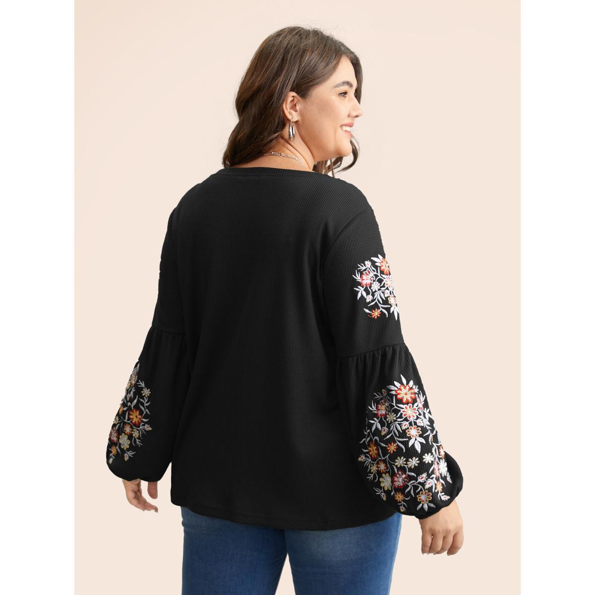 Plus Size Waffle Knit Floral Embroidered Lantern Sleeve T-shirt Black Women Elegant Texture Floral Round Neck Everyday T-shirts BloomChic 12/L Product Image
