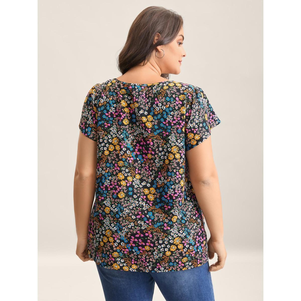 Plus Size Black Multi-Color Floral Print Lace Spliced Blouse Women Elegant Cap Sleeve Round Neck Everyday Blouses BloomChic 12/L Product Image