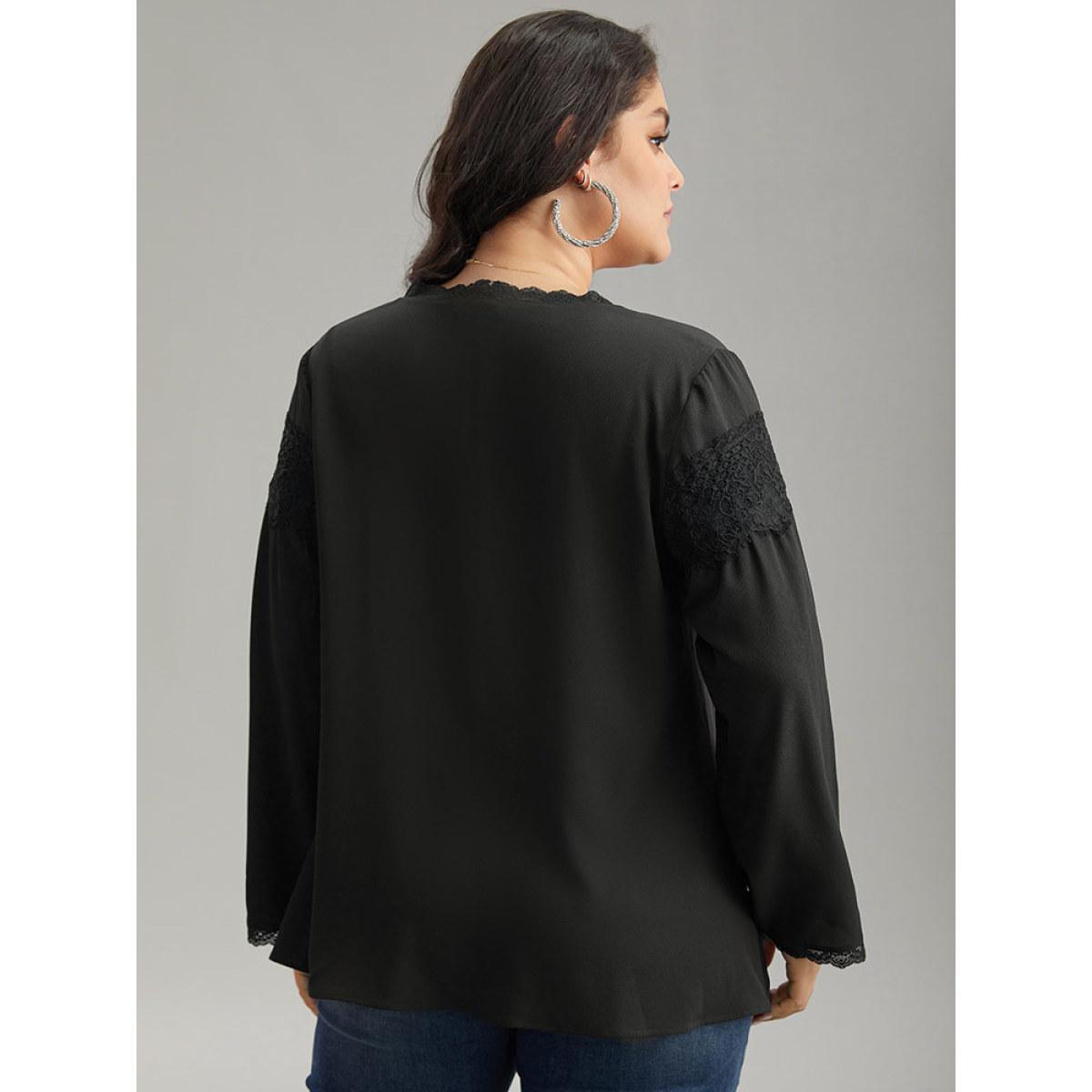Plus Size Black V Neck Lace Panel Gathered Blouse Women Glamour Long Sleeve V-neck Going out Blouses BloomChic 28/5X Product Image