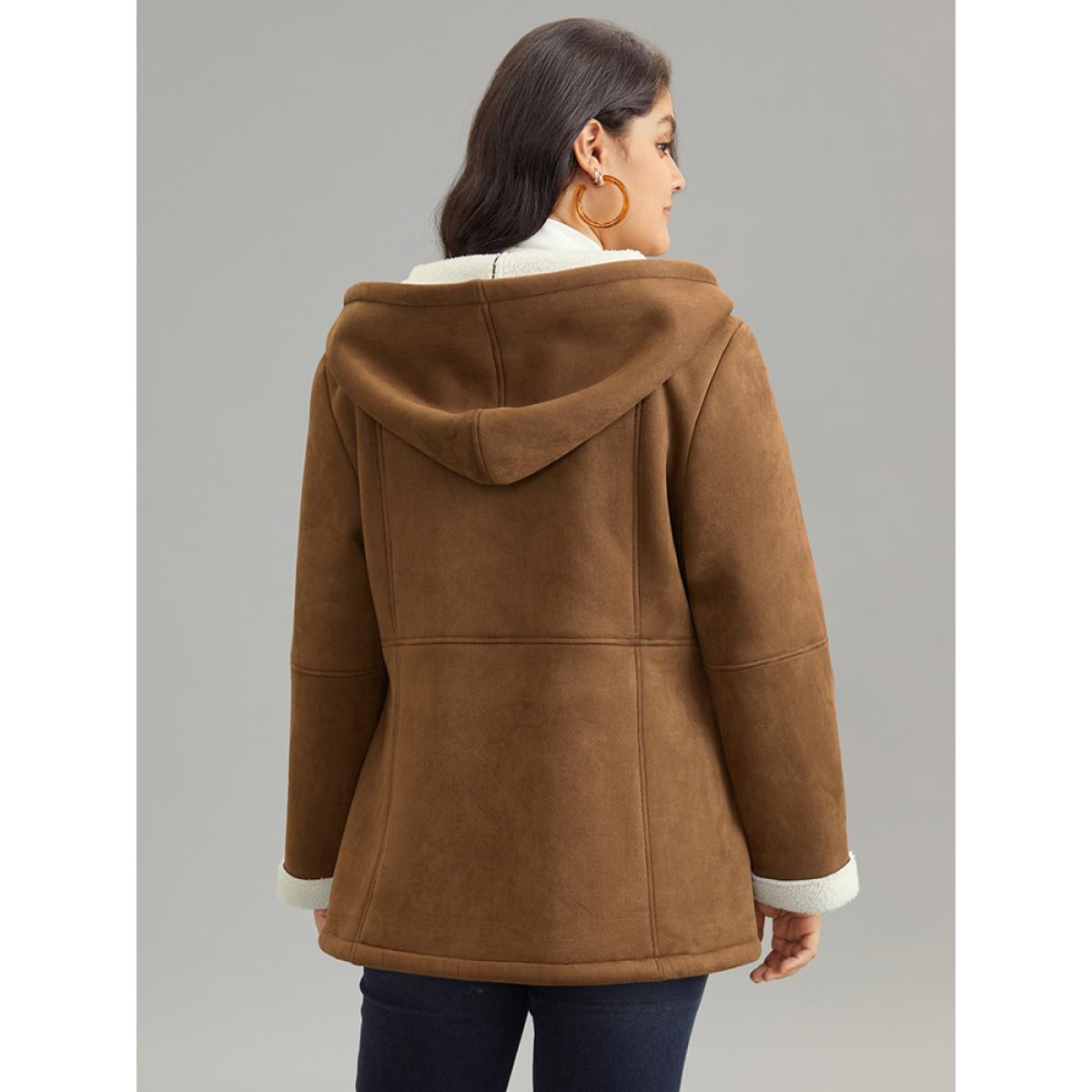 Plus Size Contrast Duffle Button Fluffy Hooded Coat Women DarkBrown Casual Lined Ladies Dailywear Winter Coats BloomChic 22-24/3X Product Image