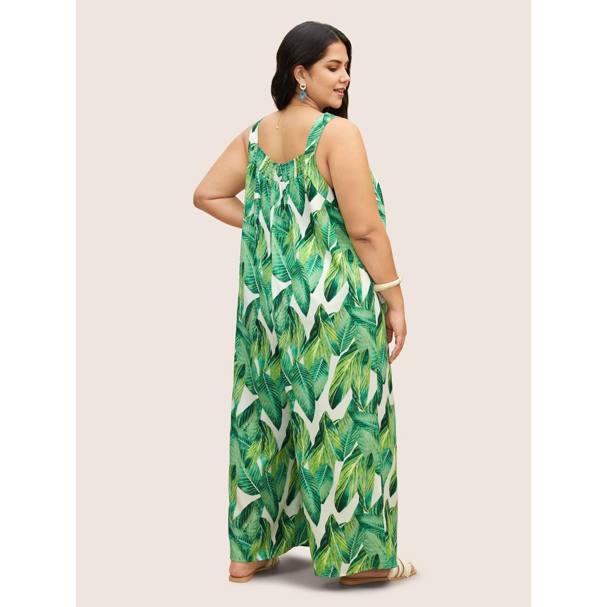 Plus Size Green Tropical Print Shirred Side Seam Pocket Jumpsuit Women Resort Sleeveless Non Vacation Loose Jumpsuits BloomChic 14-16/1X Product Image
