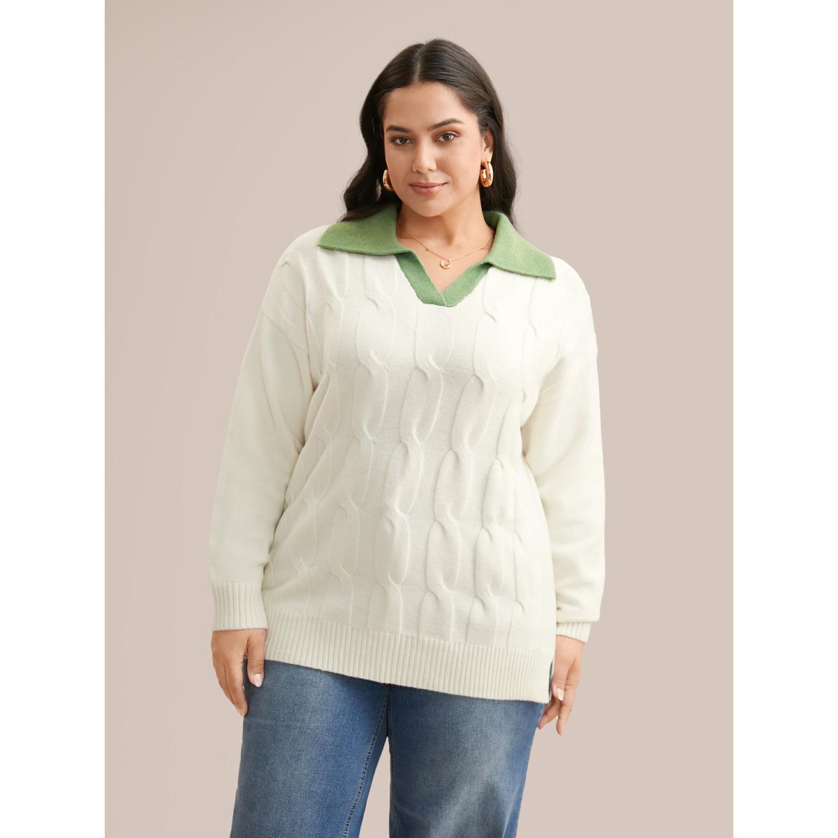 Plus Size Supersoft Essentials Contrast Polo Neck Cable Knit Pullover Beige Women Casual Loose Long Sleeve Polo Everyday Pullovers BloomChic 26/4X Product Image
