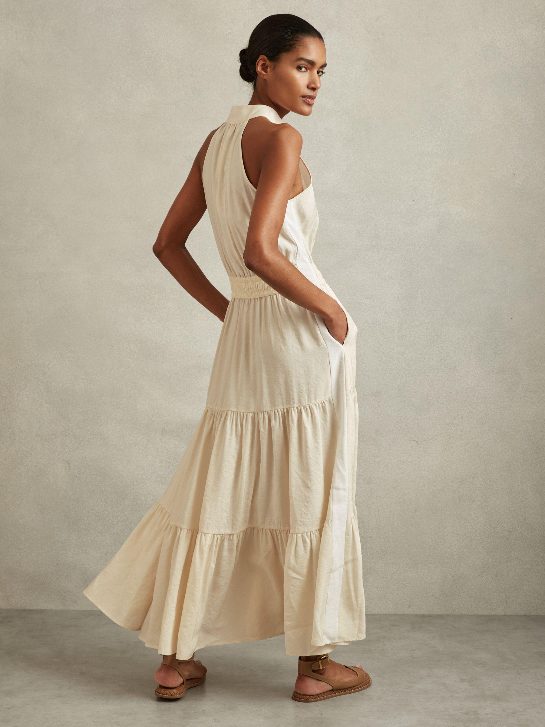 Drawstring Waist Tiered Midi Dress in Neutral Product Image