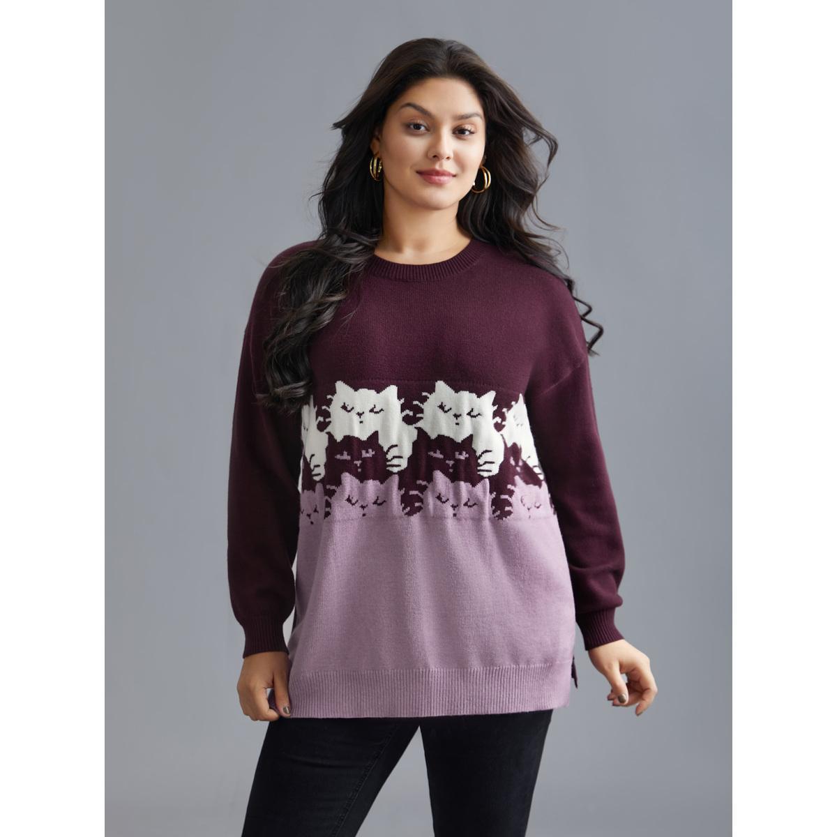 Plus Size Cat Contrast Drop Shoulder Pullover Plum Women Casual Loose Long Sleeve Round Neck Everyday Pullovers BloomChic 30/6X Product Image