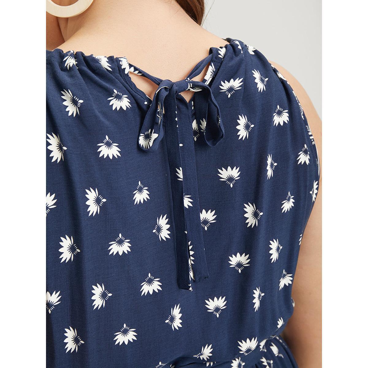 Plus Size Boho Print Knot Halter Pocket Belted Split Dress Indigo Women Vacation Gathered Halter neck Sleeveless Curvy Midi Dress BloomChic 30/6X Product Image