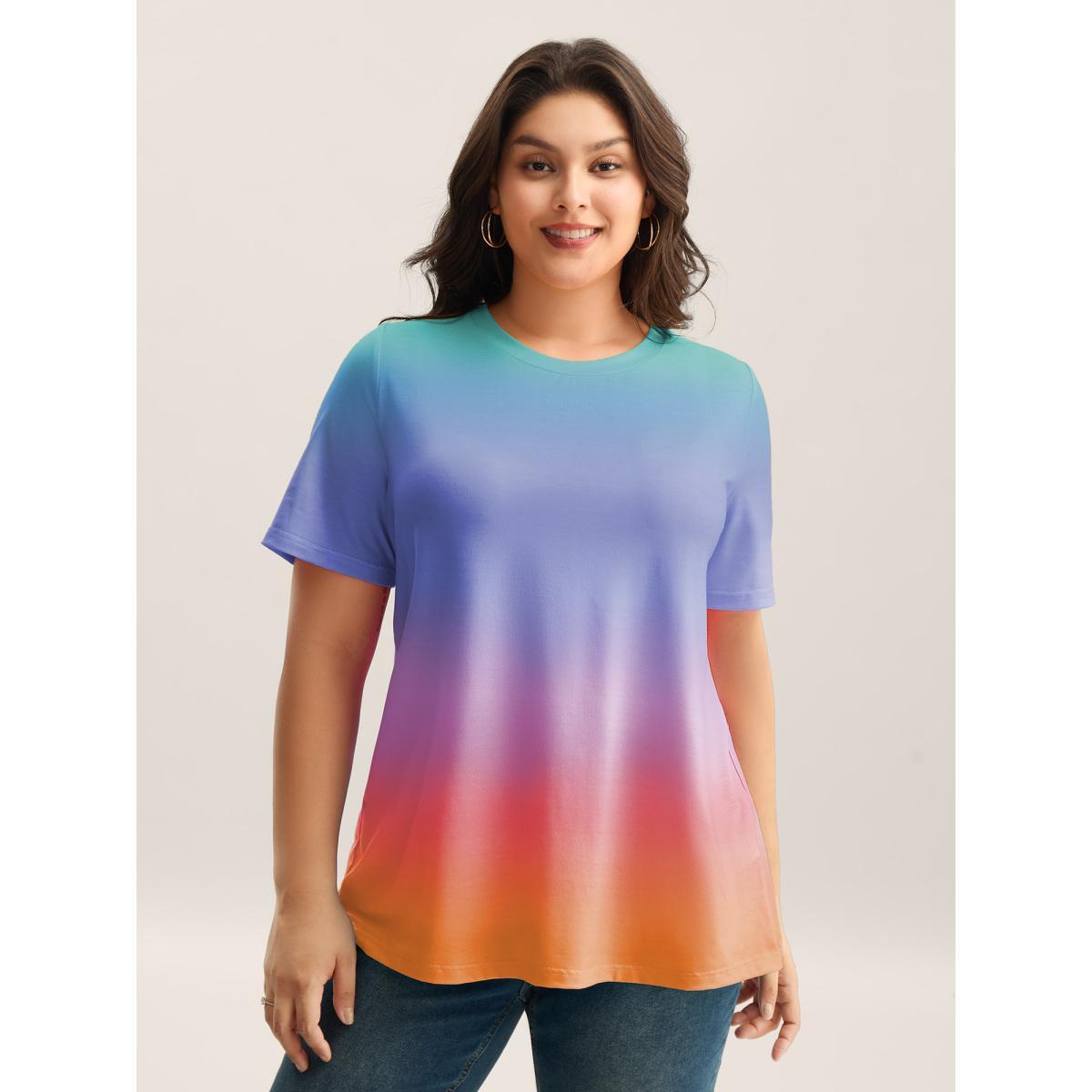 Plus Size Ombre Gradient Crew Neck Curvy T-Shirt Mint Women Non Round Neck Everyday-Casual T-shirts BloomChic 22-24/3X Product Image