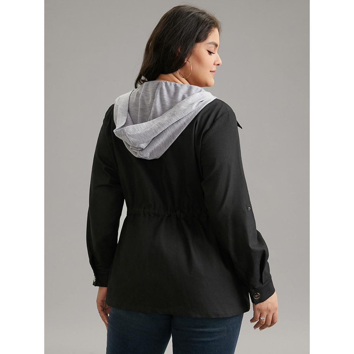 Plus Size Contrast Hooded Drawstring Zipper Button Up Jacket Women Black Contrast Pocket Dailywear Jackets BloomChic 18-20/2X Product Image