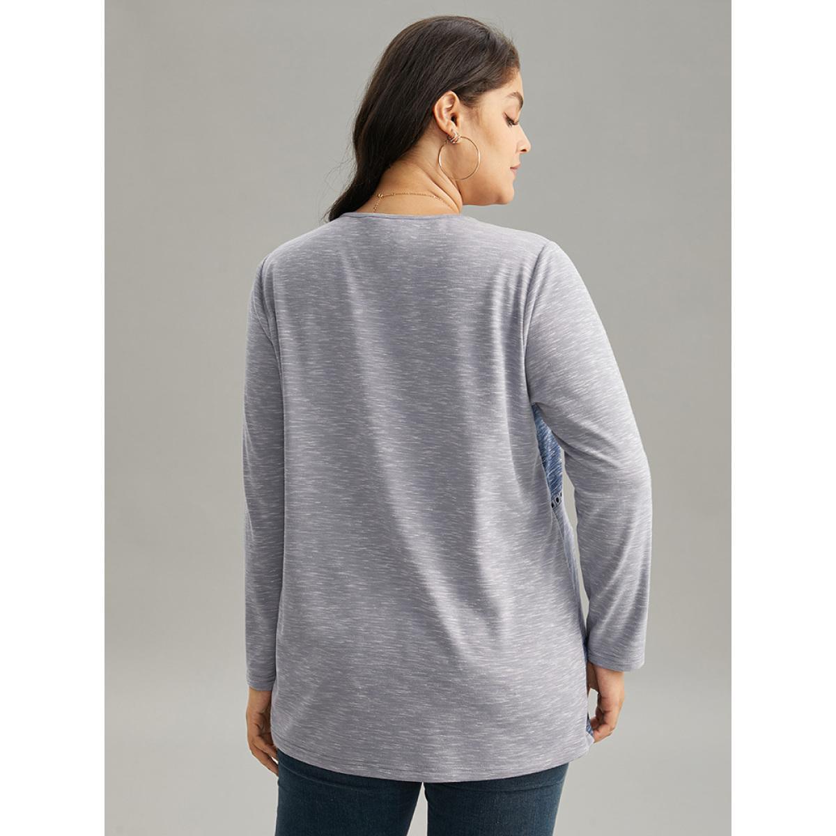 Plus Size Contrast Heather Patchwork Hollow Out Thick T-shirt Multicolor Women Elegant Thick Patchwork V-neck Dailywear T-shirts BloomChic 22-24/3X Product Image