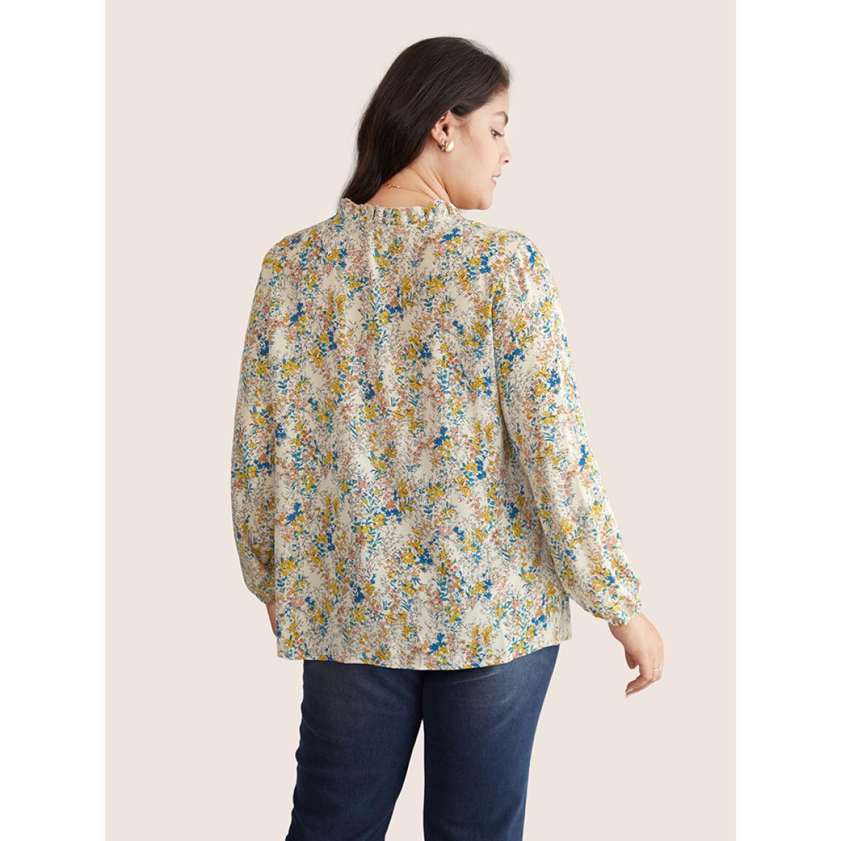 Plus Size Ivory Ditsy Floral Print Notched Lantern Sleeve Blouse Women Elegant Long Sleeve Notched collar Everyday Blouses BloomChic 14-16/1X Product Image