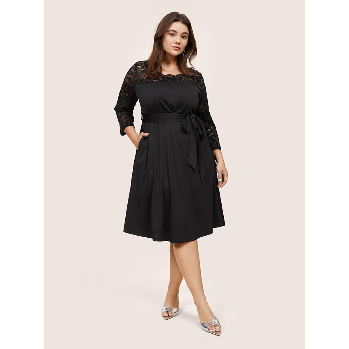 Plus Size Plain Crochet Lace Mesh Pocket Belted Dress Black Women Cocktail See through Round Neck Long Sleeve Curvy Midi Dress BloomChic 10/M Product Image