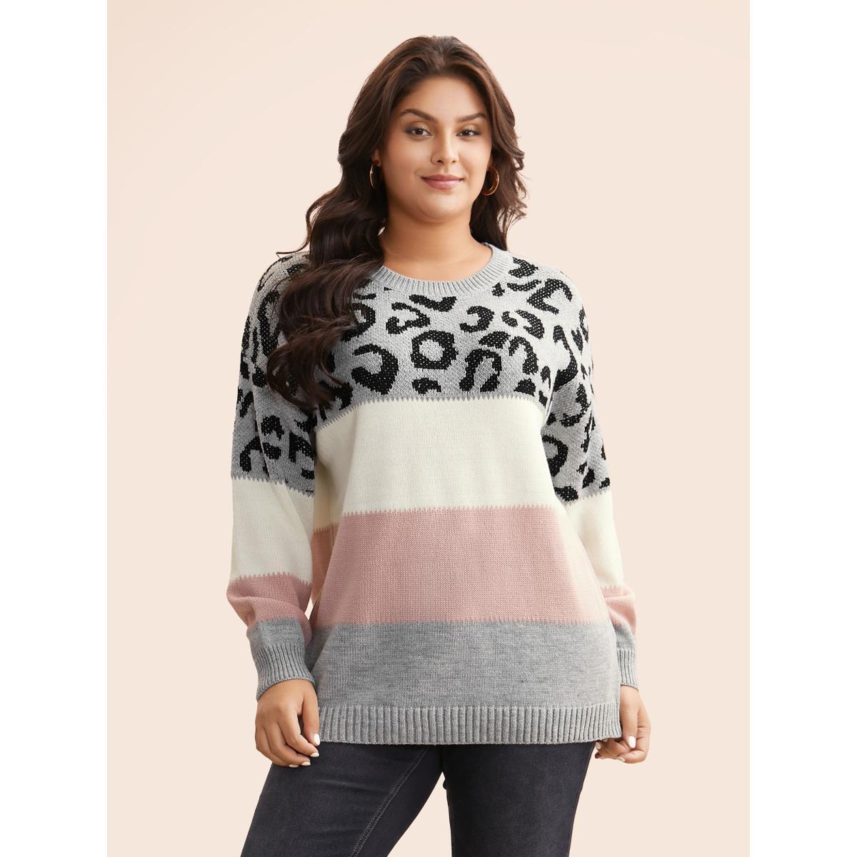 Plus Size Leopard Print Contrast Patchwork Pullover Mediumgray Women Casual Loose Long Sleeve Round Neck Everyday Pullovers BloomChic 30/6X Product Image