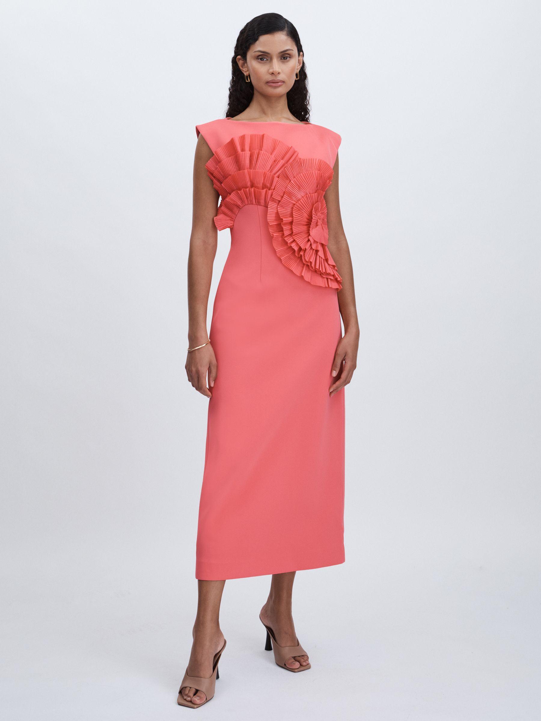 Acler Pleated Ruffle Fitted Midi Dress in Red Product Image